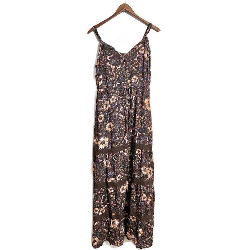 Idyllwind Women's L Floral Strappy Tiered Maxi Dress Brown Blue Western